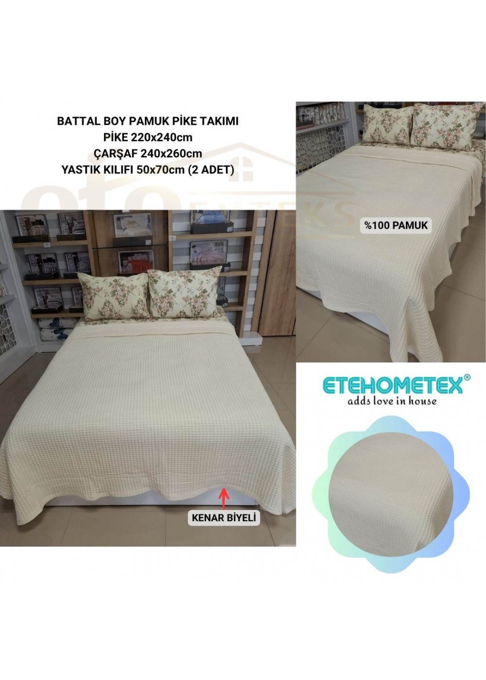 ETEHOMETEX ÇİFT KİŞİLİK HAVUZLU PİKE TAKIMI KREM ÇİÇEKLİ 8696474231927